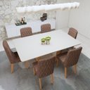 Ver imagem 5 de Conjunto Sala de Jantar 6 Lugares Retangular Tampo Vidro/MDF 160cm Mesa Apogeu com Cadeiras Luar Marrom Off White/Amêndoa Clean/Couro Avelâ