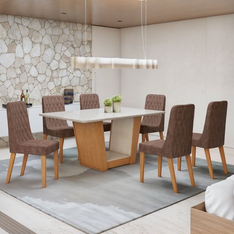 Conjunto Sala de Jantar 6 Lugares Retangular Tampo Vidro/MDF 160cm Mesa Apogeu com Cadeiras Luar Marrom Off White/Amêndoa Clean/Couro Avelâ