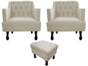 Ver imagem 1 de Kit 2 Poltronas Decorativa Julia + Puff Luis Xv Suede Bege Pés Madeira Ms Decor