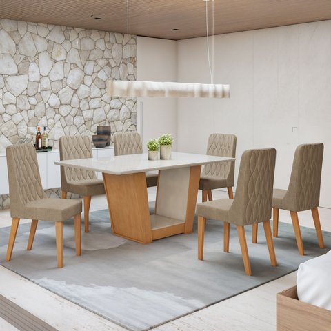 Conjunto Sala de Jantar 6 Lugares Retangular Tampo Vidro/MDF 160cm Mesa Apogeu com Cadeiras Luar Marrom Off White/Amêndoa Clean/Linho Rinzai Bege