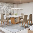 Ver imagem 1 de Conjunto Sala de Jantar 6 Lugares Retangular Tampo Vidro/MDF 160cm Mesa Apogeu com Cadeiras Luar Marrom Off White/Amêndoa Clean/Linho Rinzai Bege