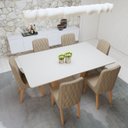 Ver imagem 5 de Conjunto Sala de Jantar 6 Lugares Retangular Tampo Vidro/MDF 160cm Mesa Apogeu com Cadeiras Luar Marrom Off White/Amêndoa Clean/Linho Rinzai Bege