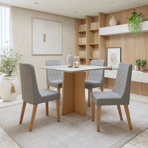 Conjunto Sala de Jantar 4 Lugares Quadrada Tampo Vidro/MDF Mesa Celebrare e Cadeiras Luar Marrom Amêndoa Clean/Off White/Linho Cinza
