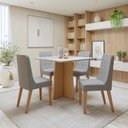 Ver imagem 1 de Conjunto Sala de Jantar 4 Lugares Quadrada Tampo Vidro/MDF Mesa Celebrare e Cadeiras Luar Marrom Amêndoa Clean/Off White/Linho Cinza