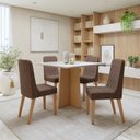 Ver imagem 1 de Conjunto Sala de Jantar 4 Lugares Quadrada Tampo Vidro/MDF Mesa Celebrare e Cadeiras Luar Marrom Amêndoa Clean/Off White/Couro Avelâ