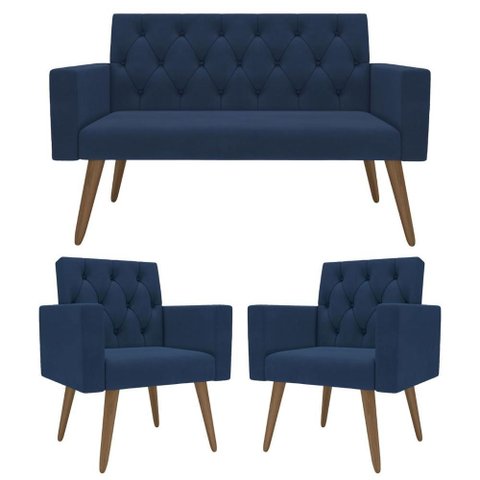Sofá 2 Lugares + 2 Poltronas Decorativas para Sala, Recepção Azul-marinho