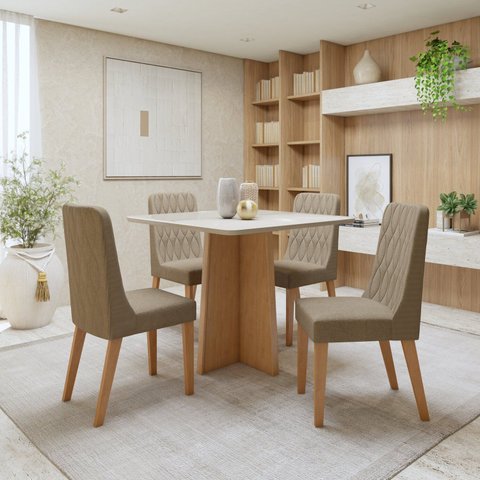 Conjunto Sala de Jantar 4 Lugares Quadrada Tampo Vidro/MDF Mesa Celebrare e Cadeiras Luar Marrom Amêndoa Clean/Off White/Bege