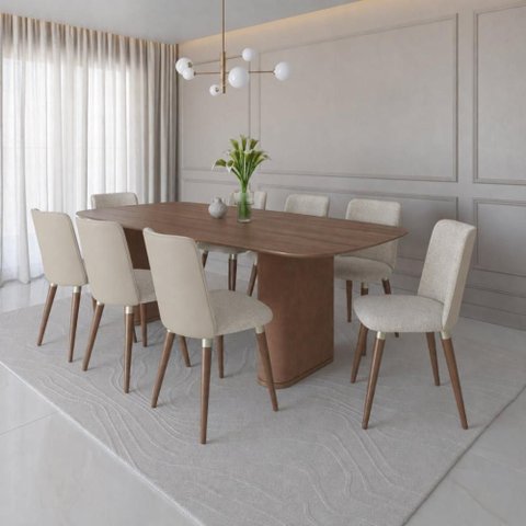 Conjunto de Jantar Lintz Canela 8 Cadeiras Giratórias Dakota - Bouclé 03 Bege c/ PU Off White