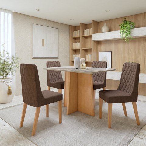 Conjunto Sala de Jantar 4 Lugares Retangular Tampo Vidro/MDF 120cm Mesa Celebrare Cadeiras Luar Marrom Amêndoa Clean/Off White/Couro Avelâ