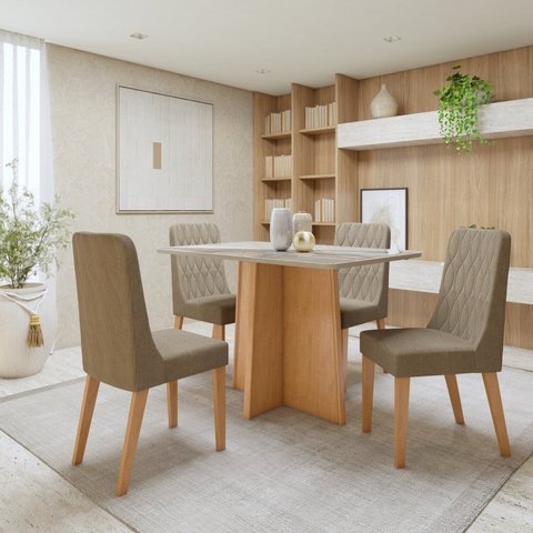 Conjunto Sala de Jantar 4 Lugares Retangular Tampo Vidro/MDF 120cm Mesa Celebrare Cadeiras Luar Marrom Amêndoa Clean/Off White/Bege