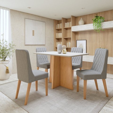 Conjunto Sala de Jantar 4 Lugares Retangular Tampo MDF Mesa Celebrare com Cadeiras Luar Marrom Amêndoa Clean/Off White/Linho Cinza