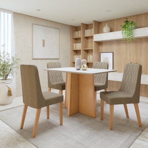 Conjunto Sala de Jantar 4 Lugares Retangular Tampo MDF Mesa Celebrare com Cadeiras Luar Marrom Amêndoa Clean/Off White/Bege