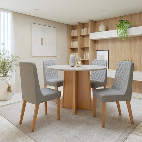 Conjunto Sala de Jantar 4 Lugares Redondo Tampo Vidro/MDF Mesa Celebrare com Cadeiras Luar Marrom Amêndoa Clean/Off White/Linho Cinza