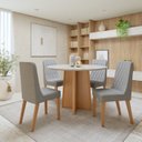 Ver imagem 1 de Conjunto Sala de Jantar 4 Lugares Redondo Tampo Vidro/MDF Mesa Celebrare com Cadeiras Luar Marrom Amêndoa Clean/Off White/Linho Cinza