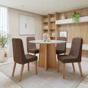 Ver imagem 1 de Conjunto Sala de Jantar 4 Lugares Redondo Tampo Vidro/MDF Mesa Celebrare com Cadeiras Luar Marrom Amêndoa Clean/Off White/Couro Avelâ