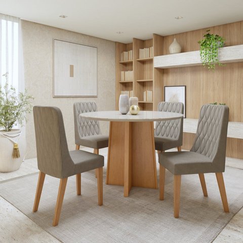 Conjunto Sala de Jantar 4 Lugares Redondo Tampo Vidro/MDF Mesa Celebrare com Cadeiras Luar Marrom Amêndoa Clean/Off White/Bege