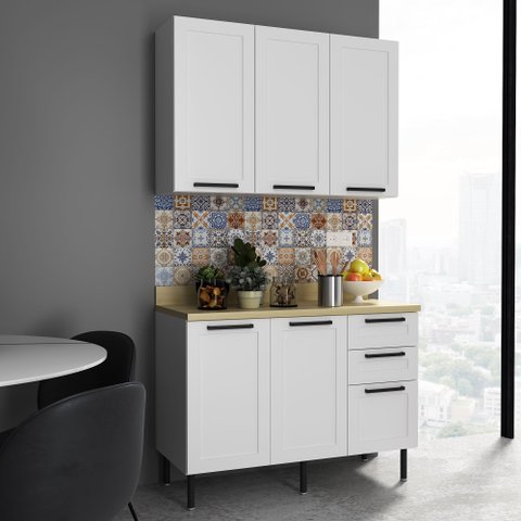Cozinha em MDF Compacta Modulada 5 Portas 3 Gavetas com Tampo 120cm Grazi Tecnomobili