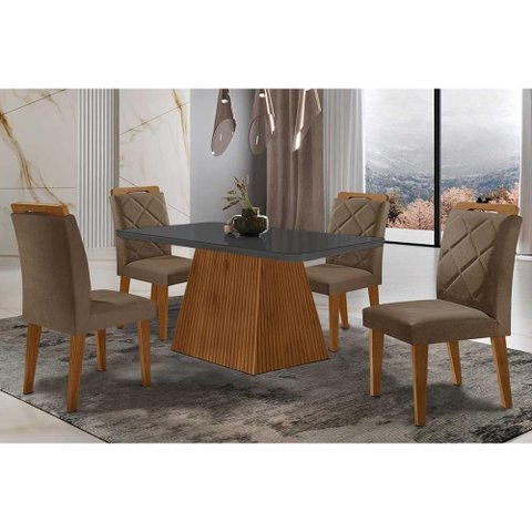 Sala de Jantar Completa Luna Tampo Madeirado C/ Vidro Curvo 120x80 e 4 Cadeiras Melissa Imbuia -