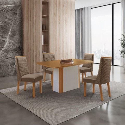 Mesa de Jantar Isadora 4 Lugares Retangular MDF 120cm Bege com Cadeiras Carolina Moderna