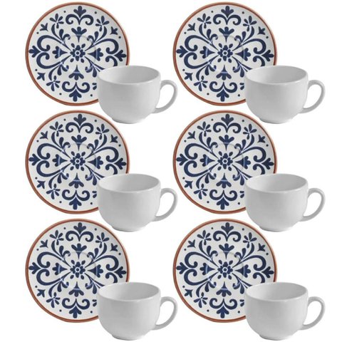 Jogo 6 Xícaras de Chá com Pires Branca e Azul 220ml Cerâmica Stoneware Coimbra Porto Brasil