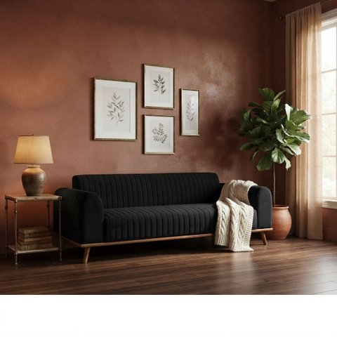 Sofá Living Átila 2,50m 5 Lugares Veludo Preto