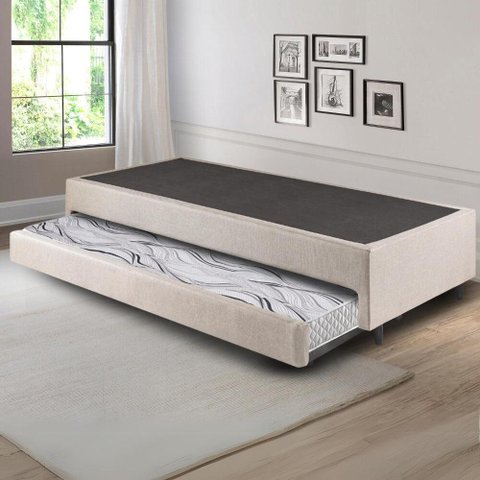 Bicama Box Solteiro Linho Bege 96x203x28 Cm com Colchão Auxiliar Ecoflex