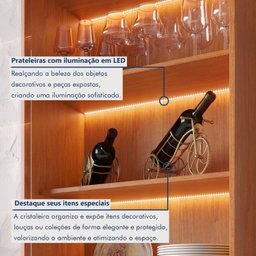 Cristaleira 2 Portas 1 Gaveta 3 Prateleiras com Led Pés em Madeira Maciça Grecia New - 4