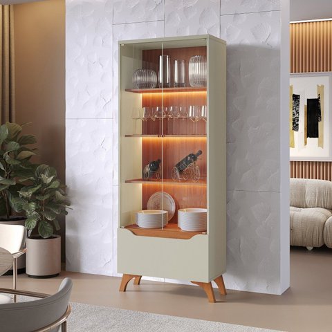 Cristaleira 2 Portas 1 Gaveta 3 Prateleiras com Led Pés em Madeira Maciça Grecia New