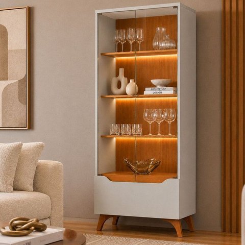 Cristaleira 2 Portas 1 Gaveta 3 Prateleiras com LED Pés em Madeira Maciça Grecia New Bege/Off Whit