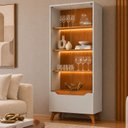 Ver imagem 1 de Cristaleira 2 Portas 1 Gaveta 3 Prateleiras com LED Pés em Madeira Maciça Grecia New Bege/Off Whit