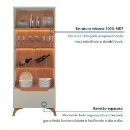 Cristaleira 2 Portas 1 Gaveta 3 Prateleiras com Led Pés em Madeira Maciça Grecia New - 6