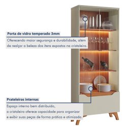 Cristaleira 2 Portas 1 Gaveta 3 Prateleiras com Led Pés em Madeira Maciça Grecia New - 5