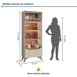 Cristaleira 2 Portas 1 Gaveta 3 Prateleiras com Led Pés em Madeira Maciça Grecia New - 3