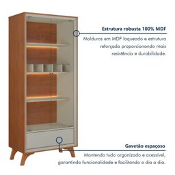 Cristaleira com Adega e Iluminação Led com Pés em Madeira Maciça Laqueado e 1 Gaveta Prime - 6