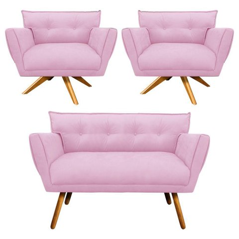 Kit 01 Namoradeira e 02 Poltronas Anitta Suede Rosa Bebê