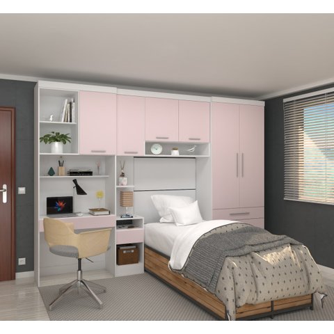 Guarda Roupa Modulado de Solteiro Alpes Branco com Rosa 5 Peças - Luciane