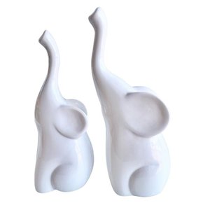 Dupla escultura elefante branco mãe e filho de cerâmica