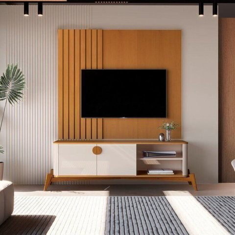 Rack com Painel para TV até 58 Polegadas Ripado Pés em Madeira Maciça 100% MDF 136CMX154CM Boto Espr