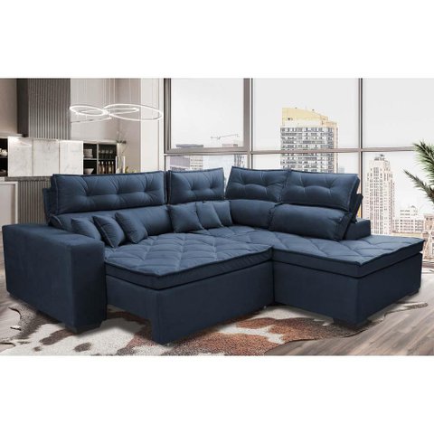 Sofá de Canto 2.60x2.36m Retrátil e Reclinável com Molas Cama inBox Platinum Direito Suede Azul