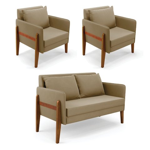 Kit 1 Sofá Namoradeira e 2 Poltronas Lana Suede Base de Madeira - D’Rossi Marrom Rato