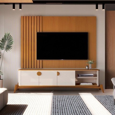 Rack com Painel para TV até 70 Polegadas Ripado Pés em Madeira Maciça 100% MDF 136CMX195CM Boto Espr