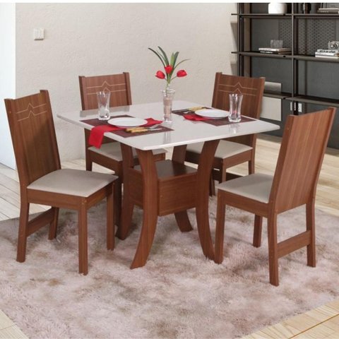 Conjunto Mesa Mabelly Quadrada com 4 Cadeiras Paraty - Bagum Bege Naturalle e Off