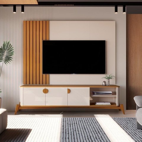 Rack com Painel para TV até 75 Polegadas Ripado 100% MDF 136CMX195CM Linha 2025 Espresso Móveis Bege
