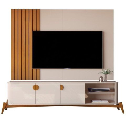 Rack com Painel para TV até 75 Polegadas Ripado Real com Pés em Madeira Maciça 100% MDF 190,5CMX195C