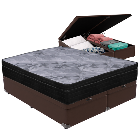 Cama Box Baú e Colchão Airtech Pampa Molas Ensacadas Queen Ortobom:cama Box Baú Marrom e Colchão Air