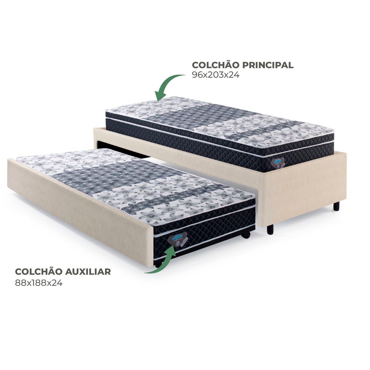 Bicama Box Solteirão Courino Linho Bege 96x203 com Dois Colchões Gransleep Molas Verticoil Ecoflex - 6