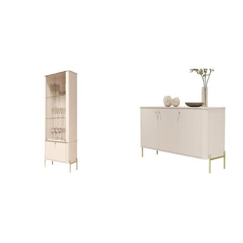 Kit 2 Peças com Cristaleira, Buffet Vidro e Pés em Metal 100% MDF Tucupí Bege