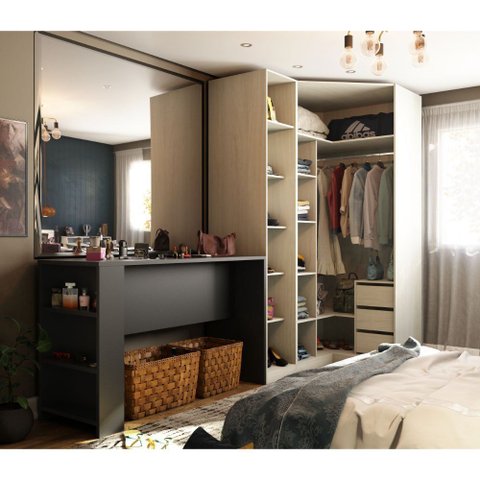 Guarda Roupa Canto Closet sem Portas 3 Peças, 3 Gavetas, Cabideiro e Bancada Prime Luciane Móveis