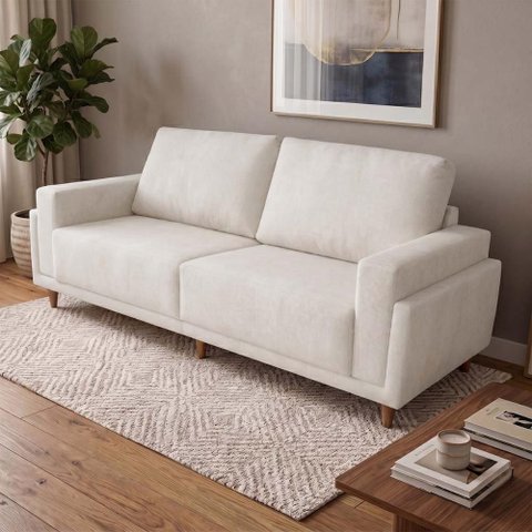 Sofá Living Privilege 2,15m Bouclê Off White Pés de Madeira - King House