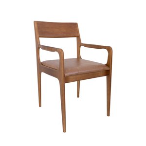 Cadeira em Madeira com Assento Estofado Caramelo. com Braço. Cor Natural